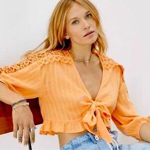 American Eagle Puff Sleeve Tie Front Blouse Large NWT